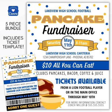 Editable Pancake/Flapjack Breakfast Fundraiser Event Bundle Includes Flyer/Sign/Poster Set with Tickets and Social Media Flyer for School PTO/PTA/PTC leader event planning